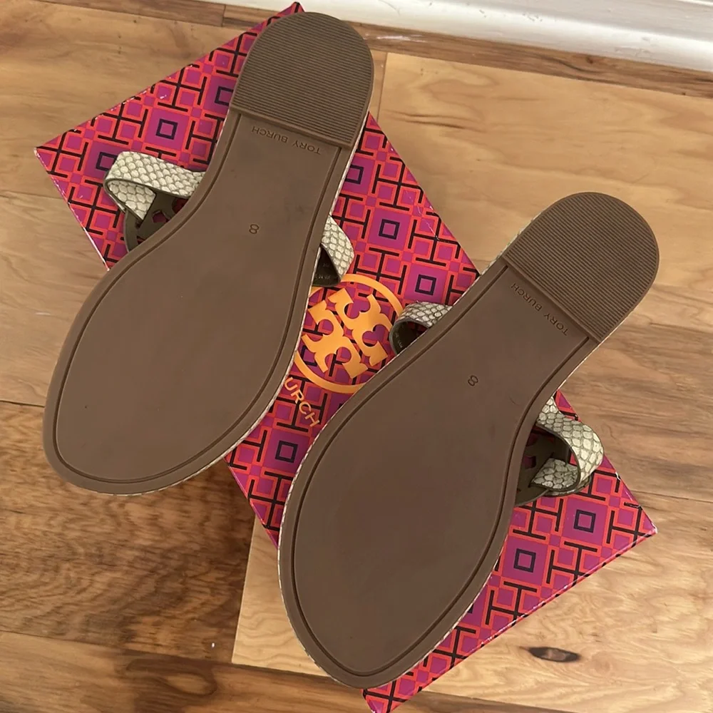 Tory Burch Miller Snake Skin Cream leather slides. Size 8 like new with box. - Picture 2 of 5